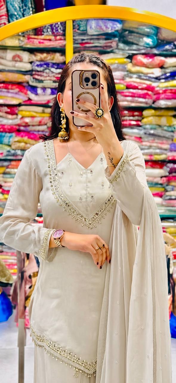 Zarelle Noor Designer Heavy Roman Glass Mirror Work Palazzo Suit Set with Chanderi Silk Moti Dupatta