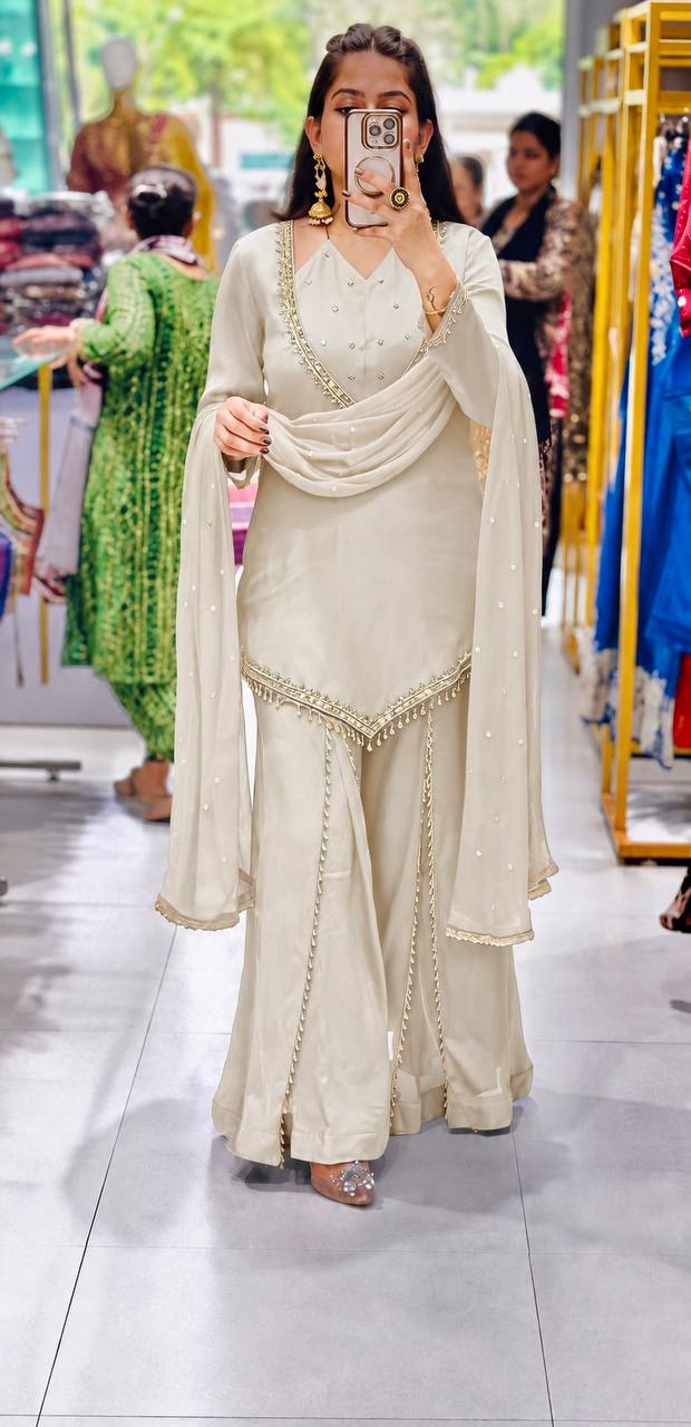 Zarelle Noor Designer Heavy Roman Glass Mirror Work Palazzo Suit Set with Chanderi Silk Moti Dupatta