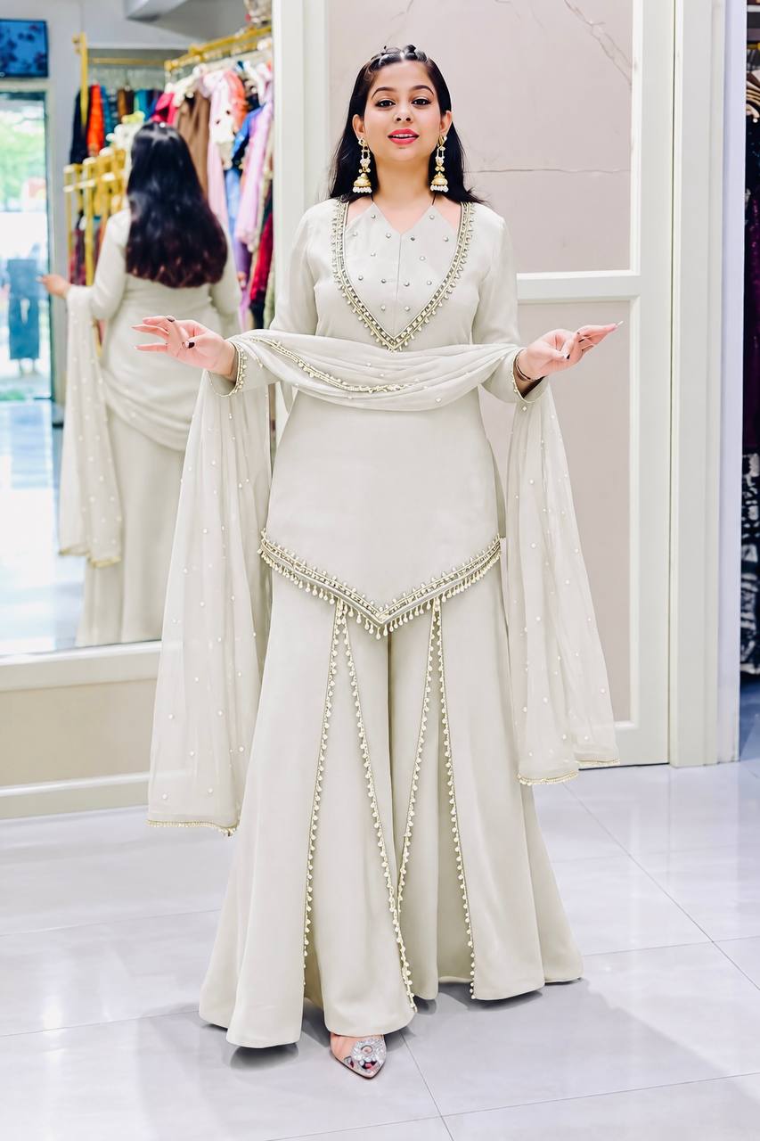 Zarelle Noor Designer Heavy Roman Glass Mirror Work Palazzo Suit Set with Chanderi Silk Moti Dupatta