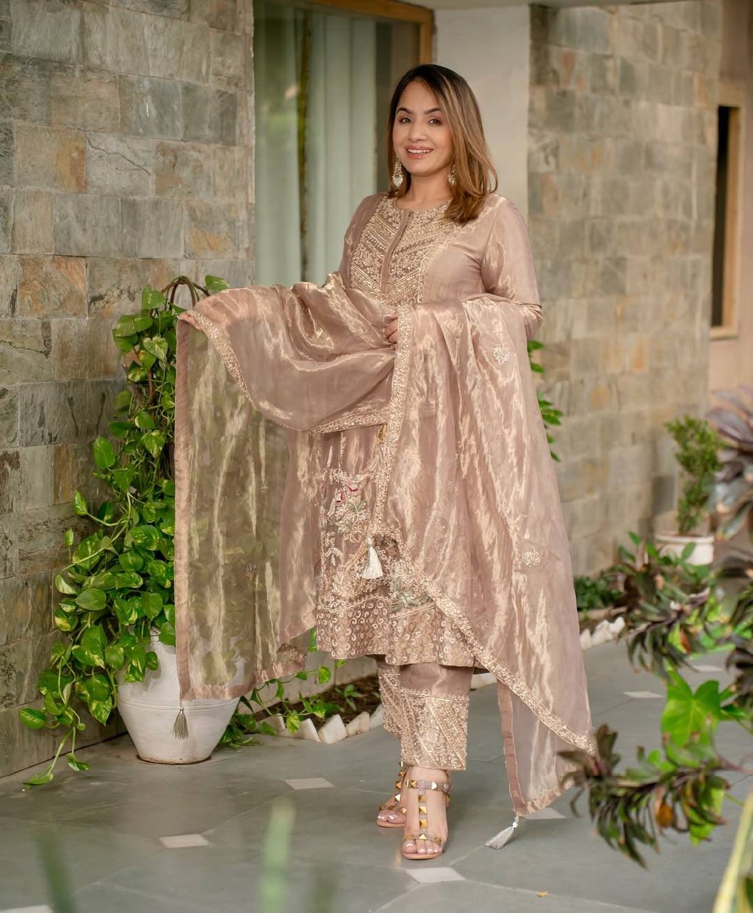 Meher Fandy Silk Embroidered Salwar Suit with Lace Border Dupatta