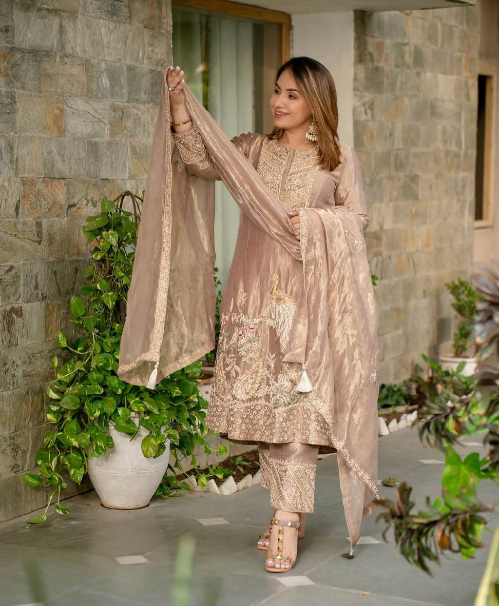 Meher Fandy Silk Embroidered Salwar Suit with Lace Border Dupatta