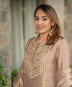 Meher Fandy Silk Embroidered Salwar Suit with Lace Border Dupatta