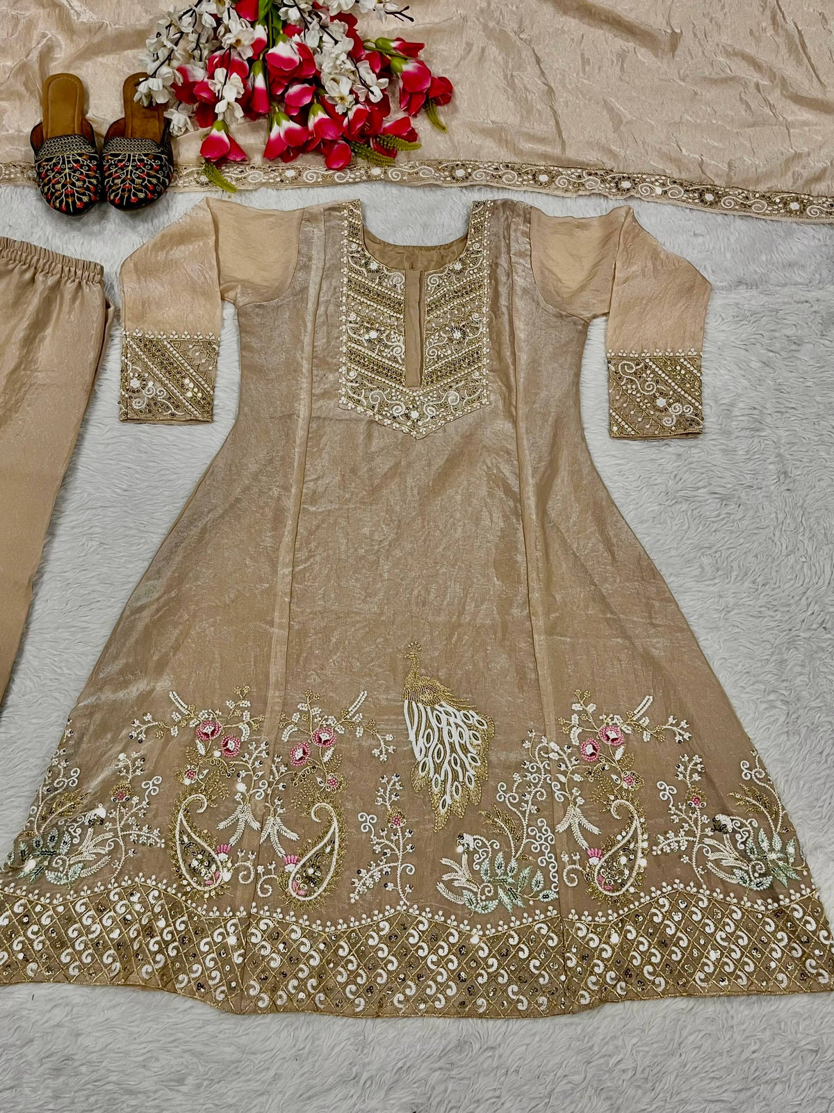 Meher Fandy Silk Embroidered Salwar Suit with Lace Border Dupatta