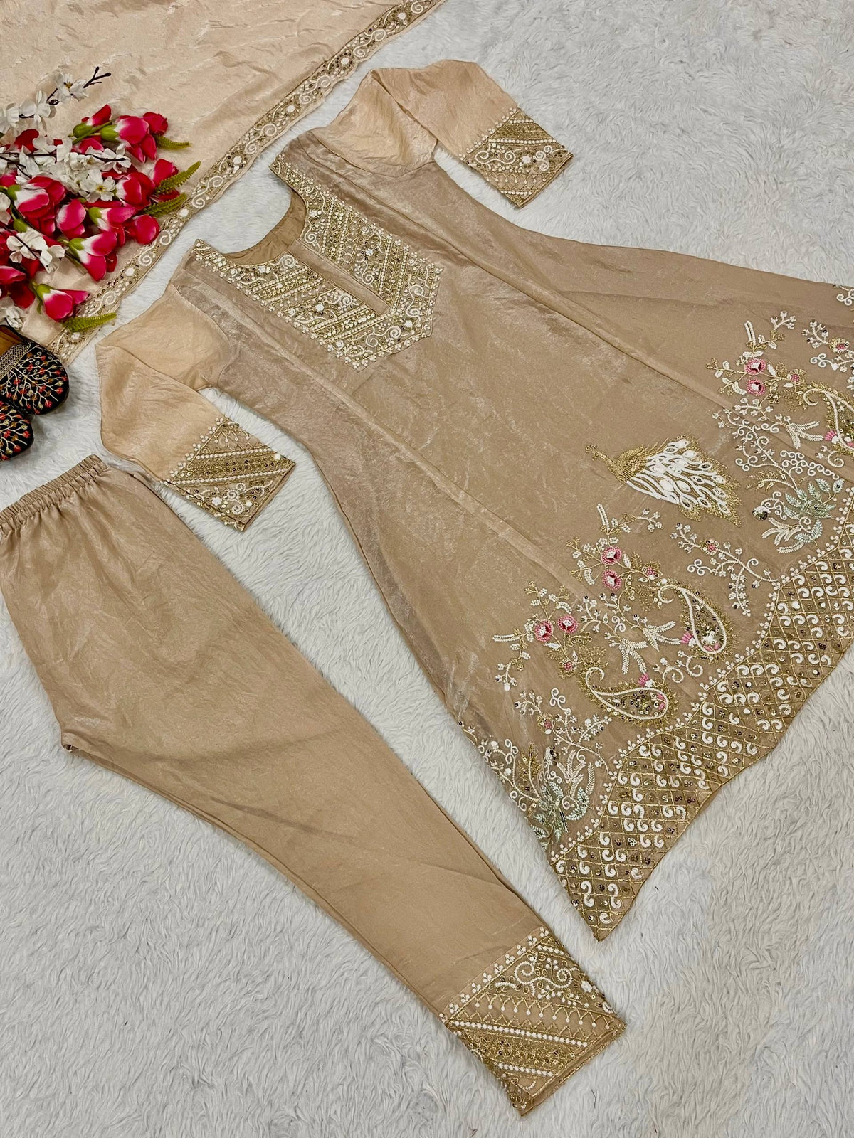 Meher Fandy Silk Embroidered Salwar Suit with Lace Border Dupatta