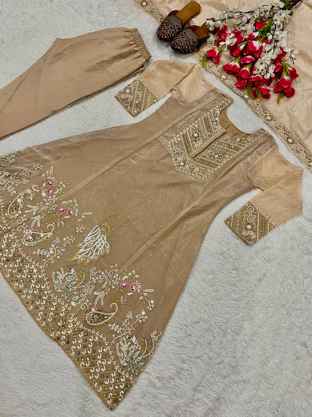 Meher Fandy Silk Embroidered Salwar Suit with Lace Border Dupatta