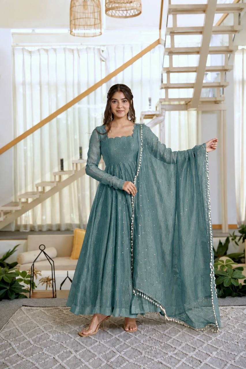 Gorgeous Salsa Silk Foil Work Anarkali Set