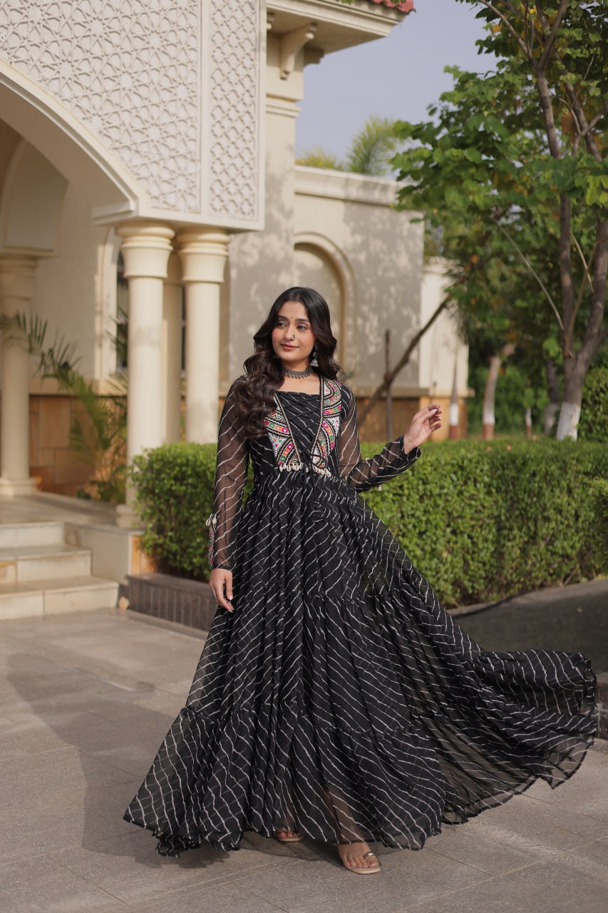 Gulzar Navratri 2026 Faux Georgette Laheriya Gown with Kutchi Patchwork & 12 Meter Flair