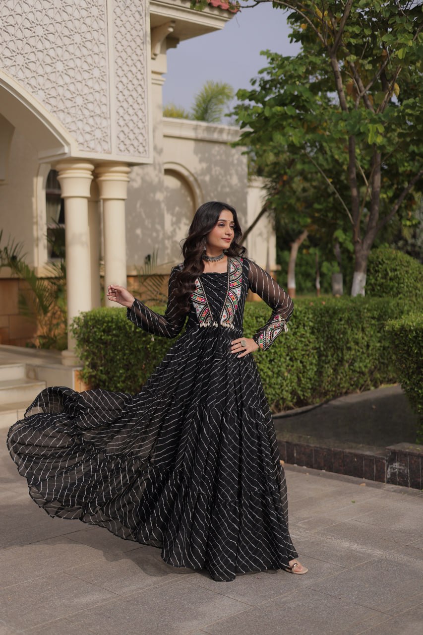 Gulzar Navratri 2026 Faux Georgette Laheriya Gown with Kutchi Patchwork & 12 Meter Flair
