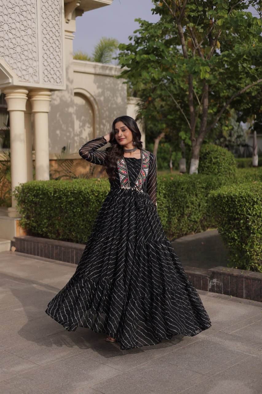 Gulzar Navratri 2026 Faux Georgette Laheriya Gown with Kutchi Patchwork & 12 Meter Flair