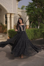 Gulzar Navratri 2026 Faux Georgette Laheriya Gown with Kutchi Patchwork & 12 Meter Flair
