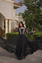 Gulzar Navratri 2026 Faux Georgette Laheriya Gown with Kutchi Patchwork & 12 Meter Flair