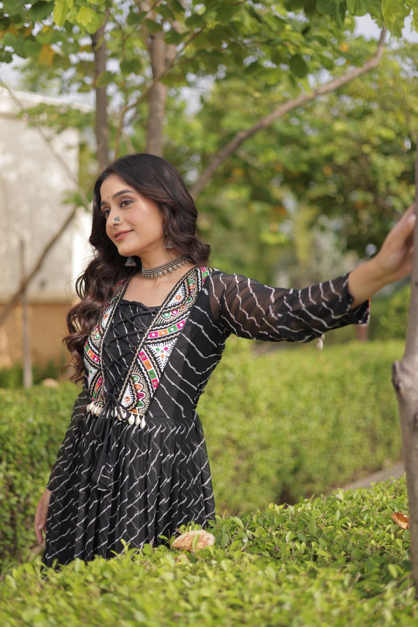 Gulzar Navratri 2026 Faux Georgette Laheriya Gown with Kutchi Patchwork & 12 Meter Flair