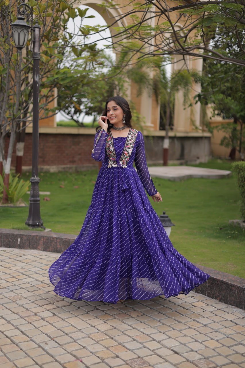 Gulzar Navratri 2026 Faux Georgette Laheriya Gown with Kutchi Patchwork & 12 Meter Flair