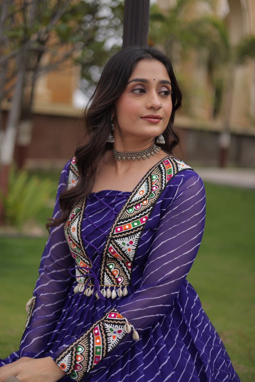 Gulzar Navratri 2026 Faux Georgette Laheriya Gown with Kutchi Patchwork & 12 Meter Flair