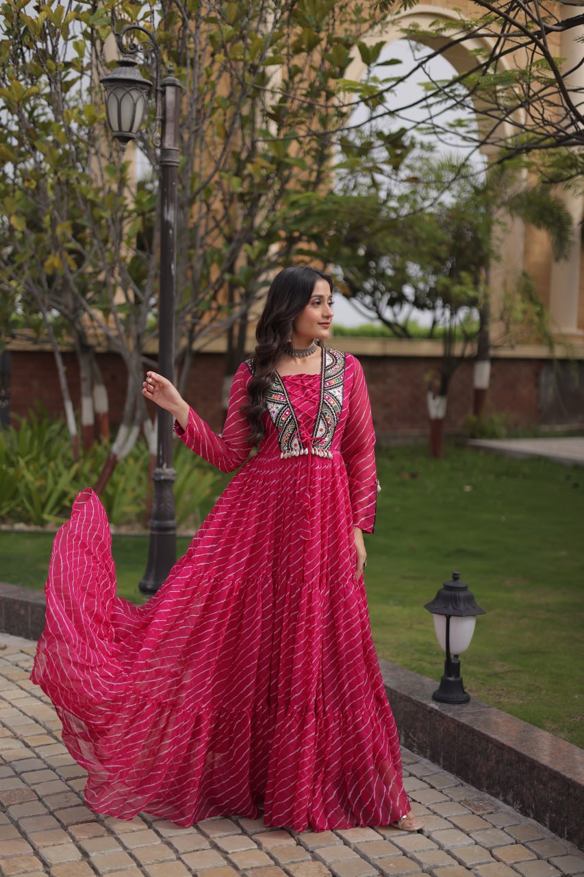 Gulzar Navratri 2026 Faux Georgette Laheriya Gown with Kutchi Patchwork & 12 Meter Flair