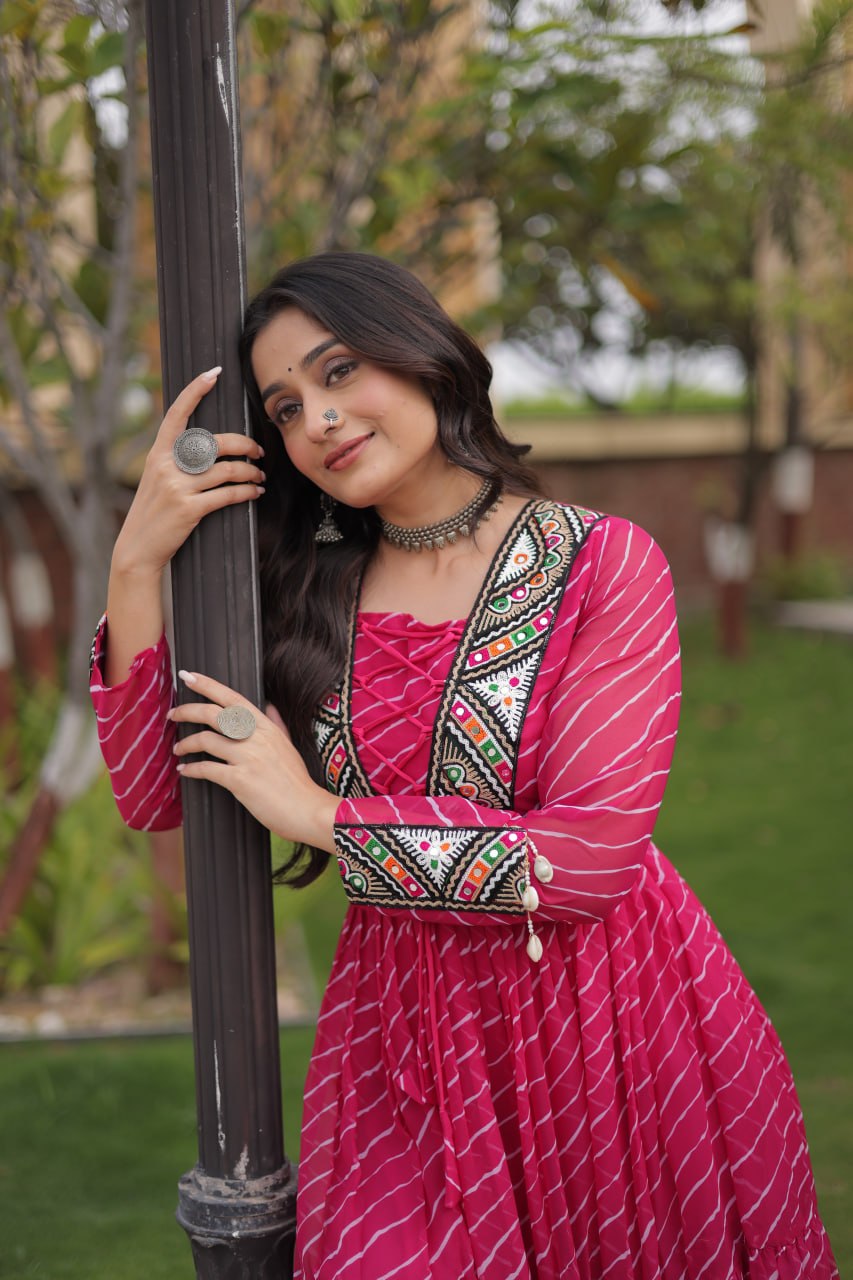 Gulzar Navratri 2026 Faux Georgette Laheriya Gown with Kutchi Patchwork & 12 Meter Flair