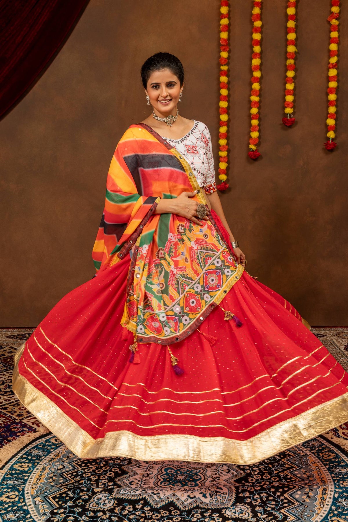 Designer Faux Georgette Small Diamond & Gota Work Navratri Lehenga Choli with Real Mirror Embroidered Blouse and Printed Dupatta 3-Piece Set