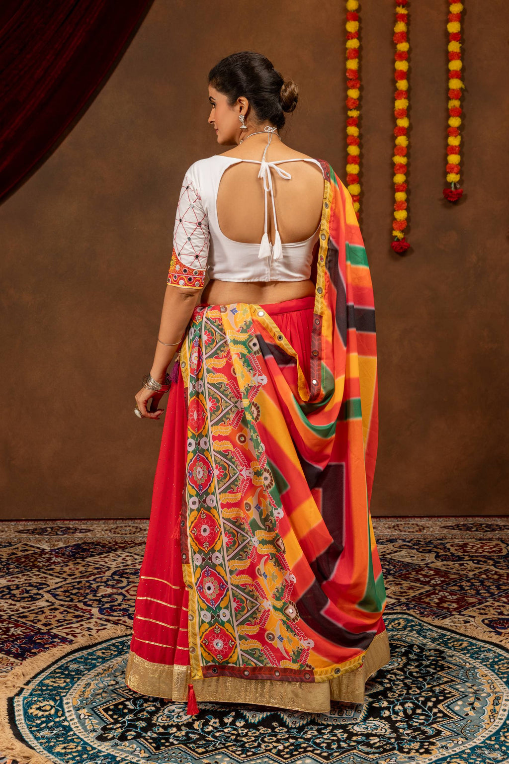Designer Faux Georgette Small Diamond & Gota Work Navratri Lehenga Choli with Real Mirror Embroidered Blouse and Printed Dupatta 3-Piece Set