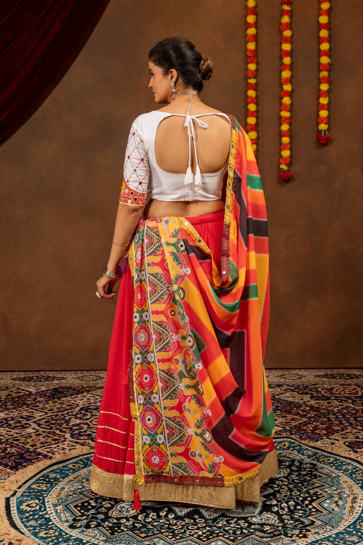 Designer Faux Georgette Small Diamond & Gota Work Navratri Lehenga Choli with Real Mirror Embroidered Blouse and Printed Dupatta 3-Piece Set