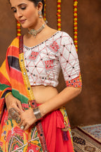 Designer Faux Georgette Small Diamond & Gota Work Navratri Lehenga Choli with Real Mirror Embroidered Blouse and Printed Dupatta 3-Piece Set
