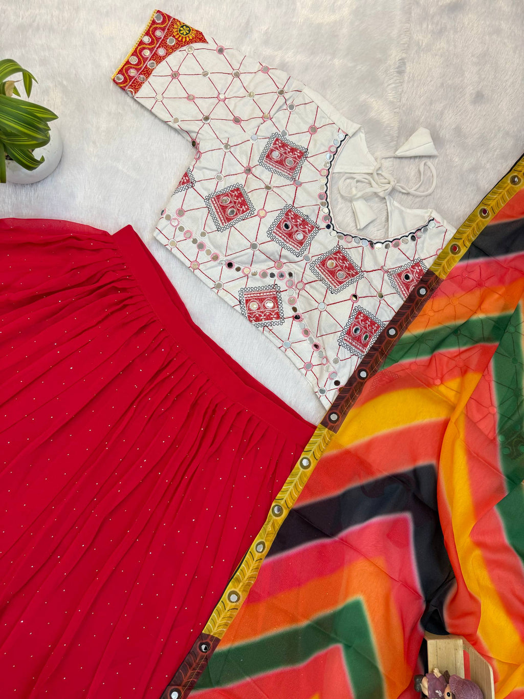 Designer Faux Georgette Small Diamond & Gota Work Navratri Lehenga Choli with Real Mirror Embroidered Blouse and Printed Dupatta 3-Piece Set