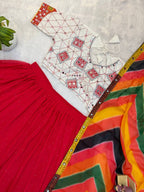 Designer Faux Georgette Small Diamond & Gota Work Navratri Lehenga Choli with Real Mirror Embroidered Blouse and Printed Dupatta 3-Piece Set