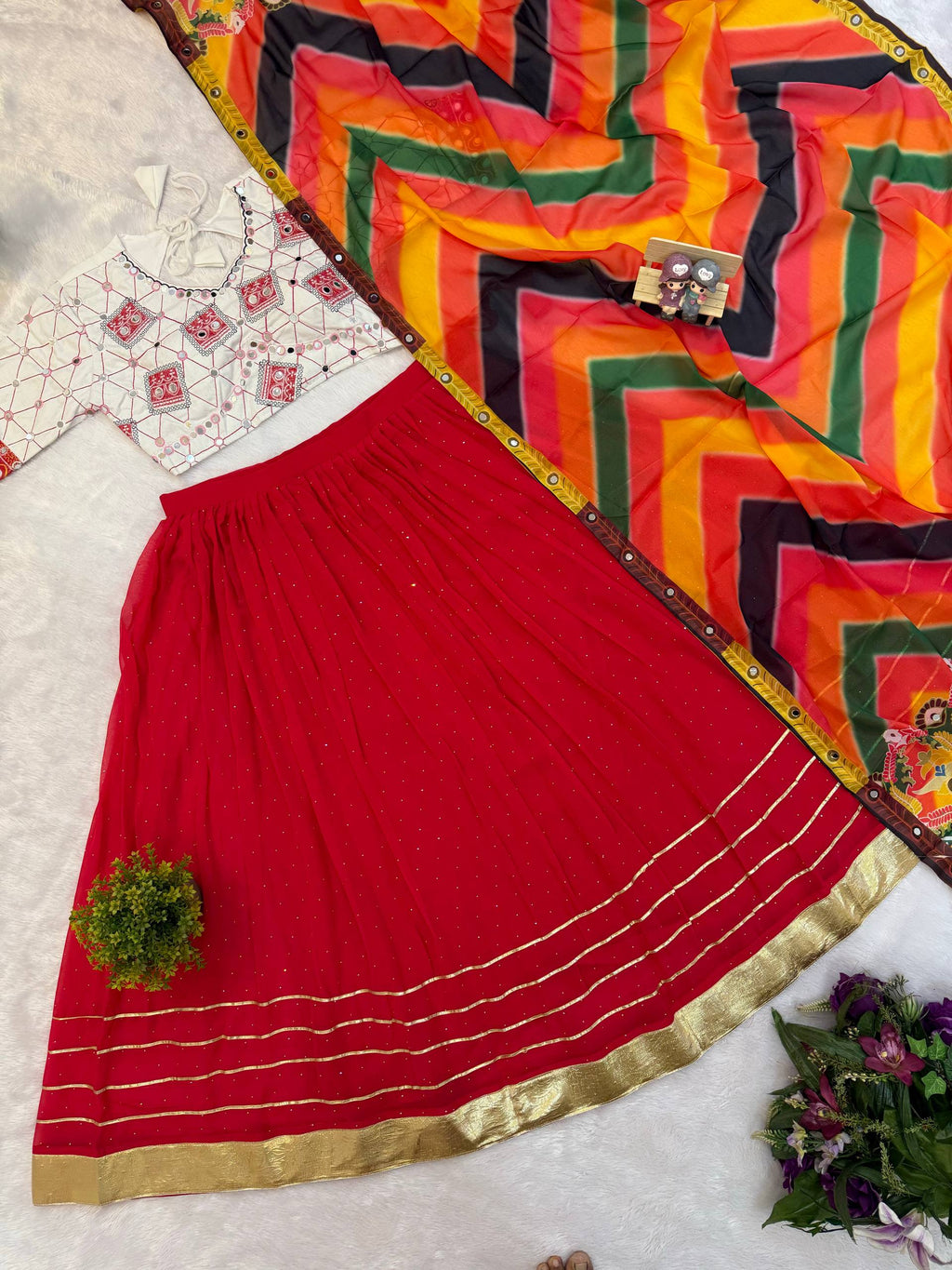 Designer Faux Georgette Small Diamond & Gota Work Navratri Lehenga Choli with Real Mirror Embroidered Blouse and Printed Dupatta 3-Piece Set