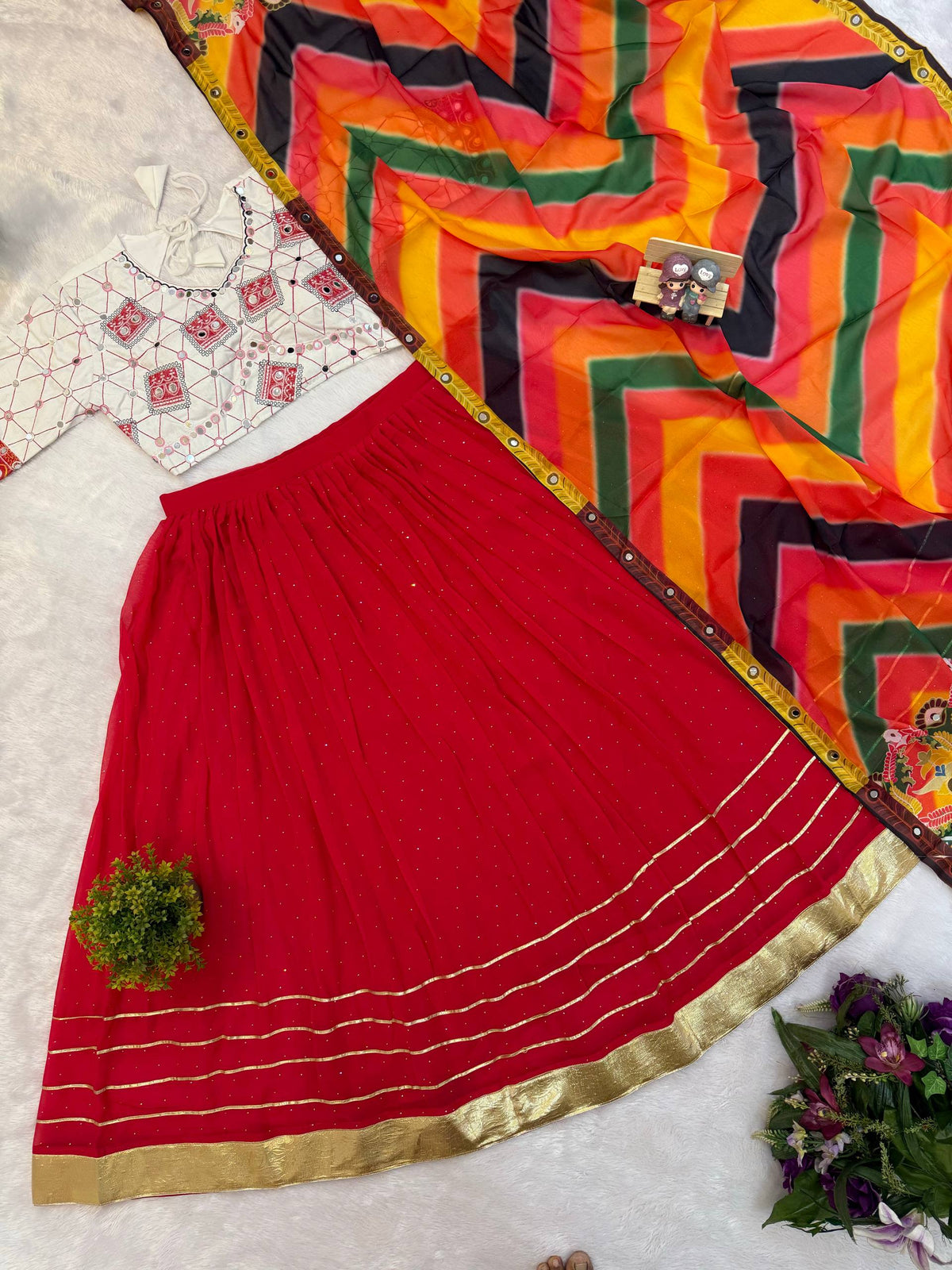 Designer Faux Georgette Small Diamond & Gota Work Navratri Lehenga Choli with Real Mirror Embroidered Blouse and Printed Dupatta 3-Piece Set