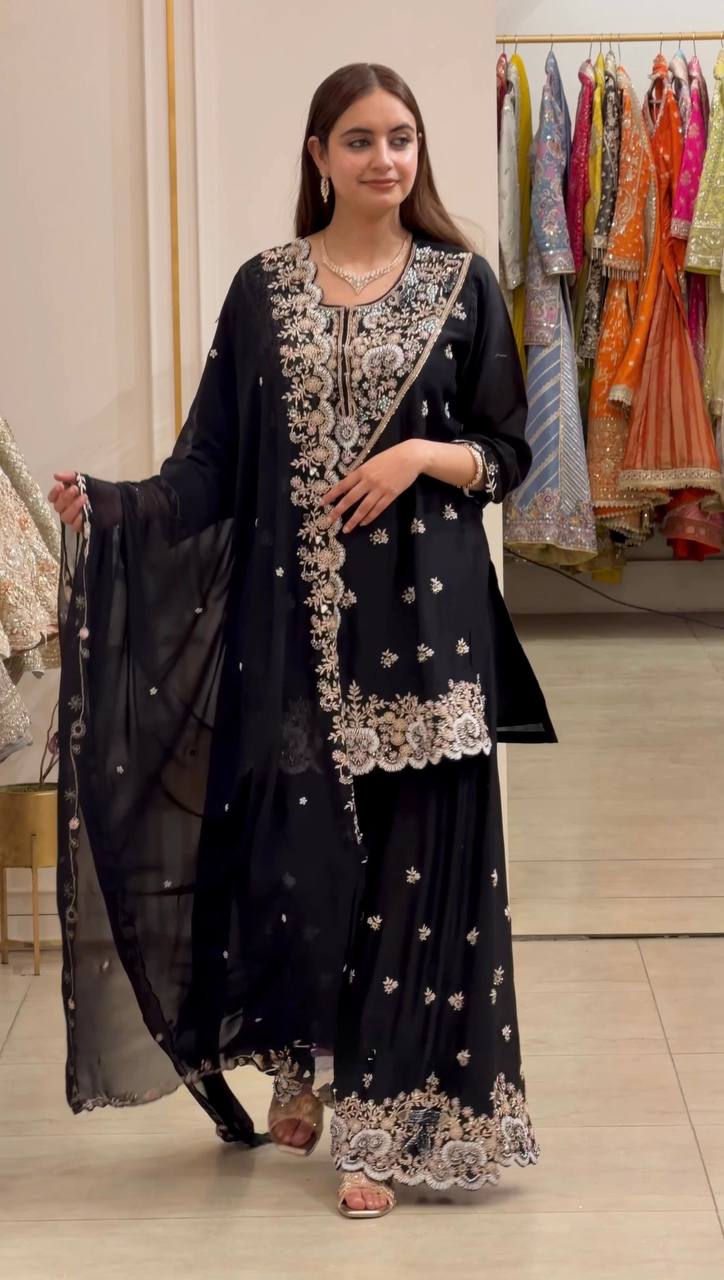 Vaidehi Faux Georgette Thread & Sequence Embroidered Kurti with Palazzo & Dupatta Set