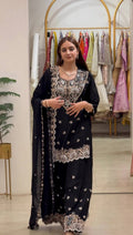 Vaidehi Faux Georgette Thread & Sequence Embroidered Kurti with Palazzo & Dupatta Set
