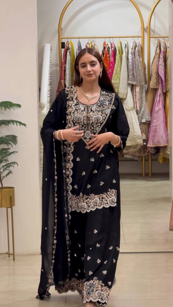 Vaidehi Faux Georgette Thread & Sequence Embroidered Kurti with Palazzo & Dupatta Set