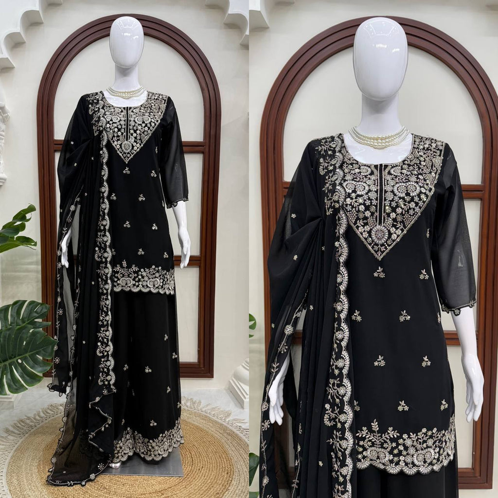Vaidehi Faux Georgette Thread & Sequence Embroidered Kurti with Palazzo & Dupatta Set