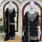 Vaidehi Faux Georgette Thread & Sequence Embroidered Kurti with Palazzo & Dupatta Set