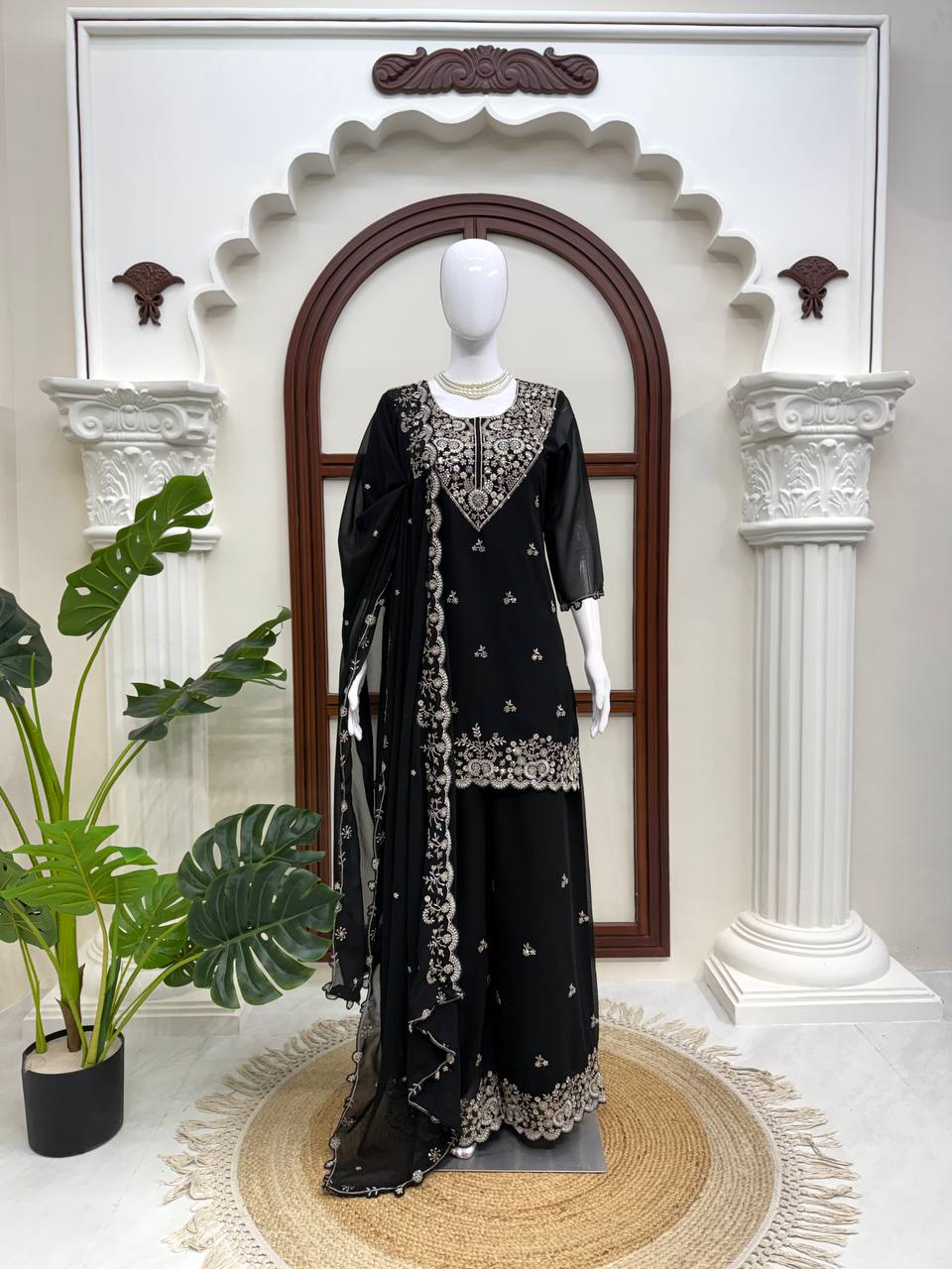 Vaidehi Faux Georgette Thread & Sequence Embroidered Kurti with Palazzo & Dupatta Set