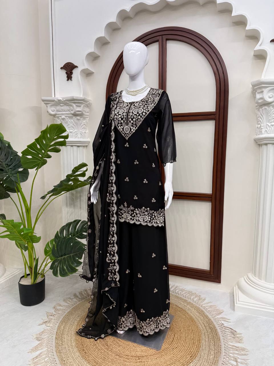 Vaidehi Faux Georgette Thread & Sequence Embroidered Kurti with Palazzo & Dupatta Set