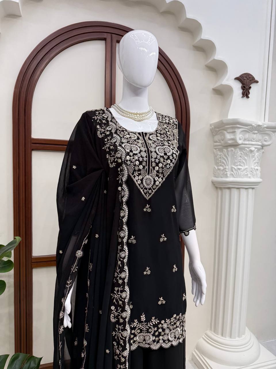 Vaidehi Faux Georgette Thread & Sequence Embroidered Kurti with Palazzo & Dupatta Set
