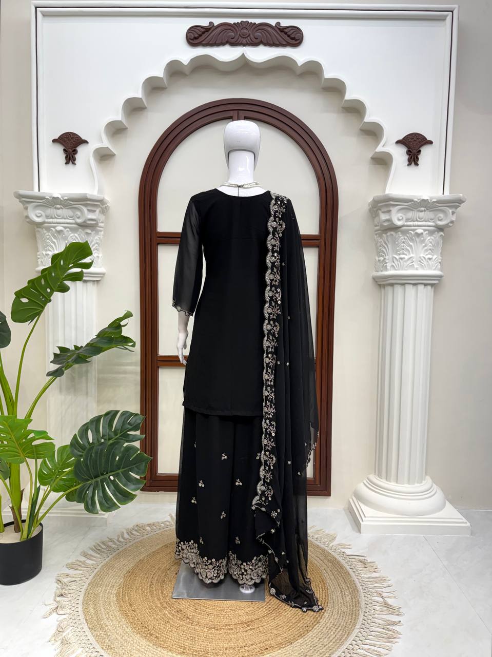 Vaidehi Faux Georgette Thread & Sequence Embroidered Kurti with Palazzo & Dupatta Set