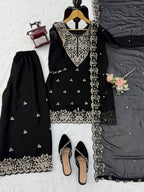 Vaidehi Faux Georgette Thread & Sequence Embroidered Kurti with Palazzo & Dupatta Set