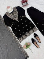 Vaidehi Faux Georgette Thread & Sequence Embroidered Kurti with Palazzo & Dupatta Set