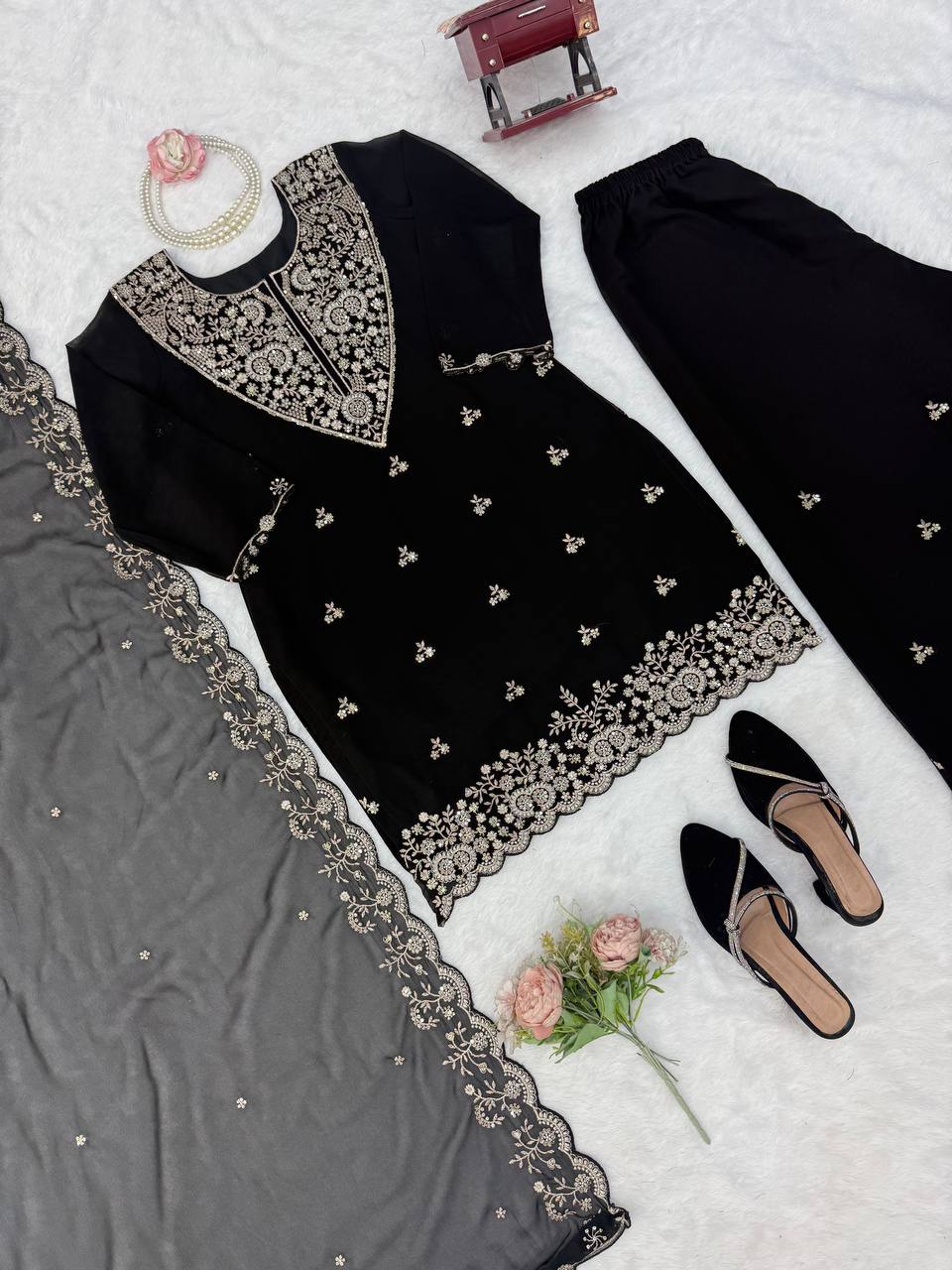 Vaidehi Faux Georgette Thread & Sequence Embroidered Kurti with Palazzo & Dupatta Set