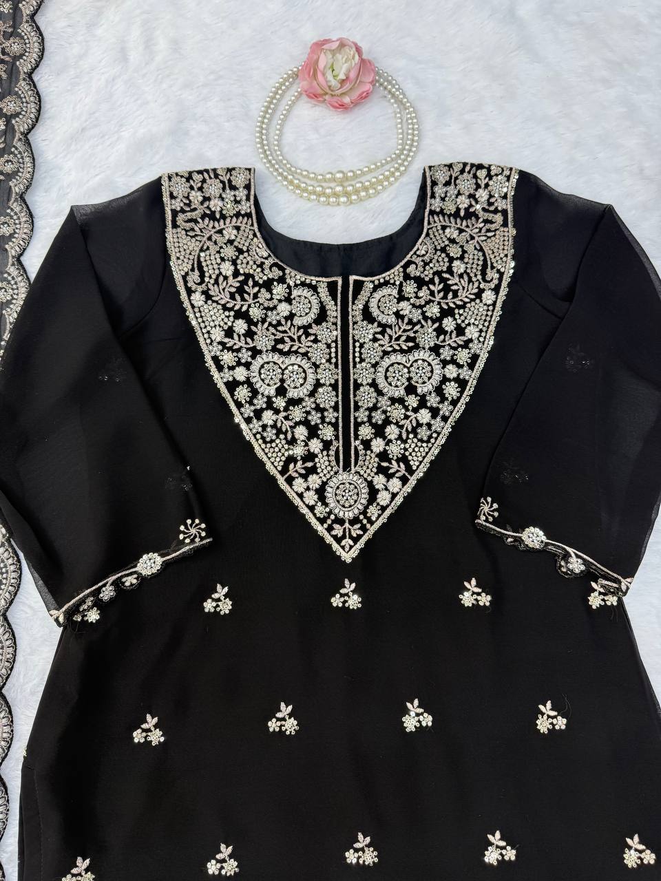 Vaidehi Faux Georgette Thread & Sequence Embroidered Kurti with Palazzo & Dupatta Set