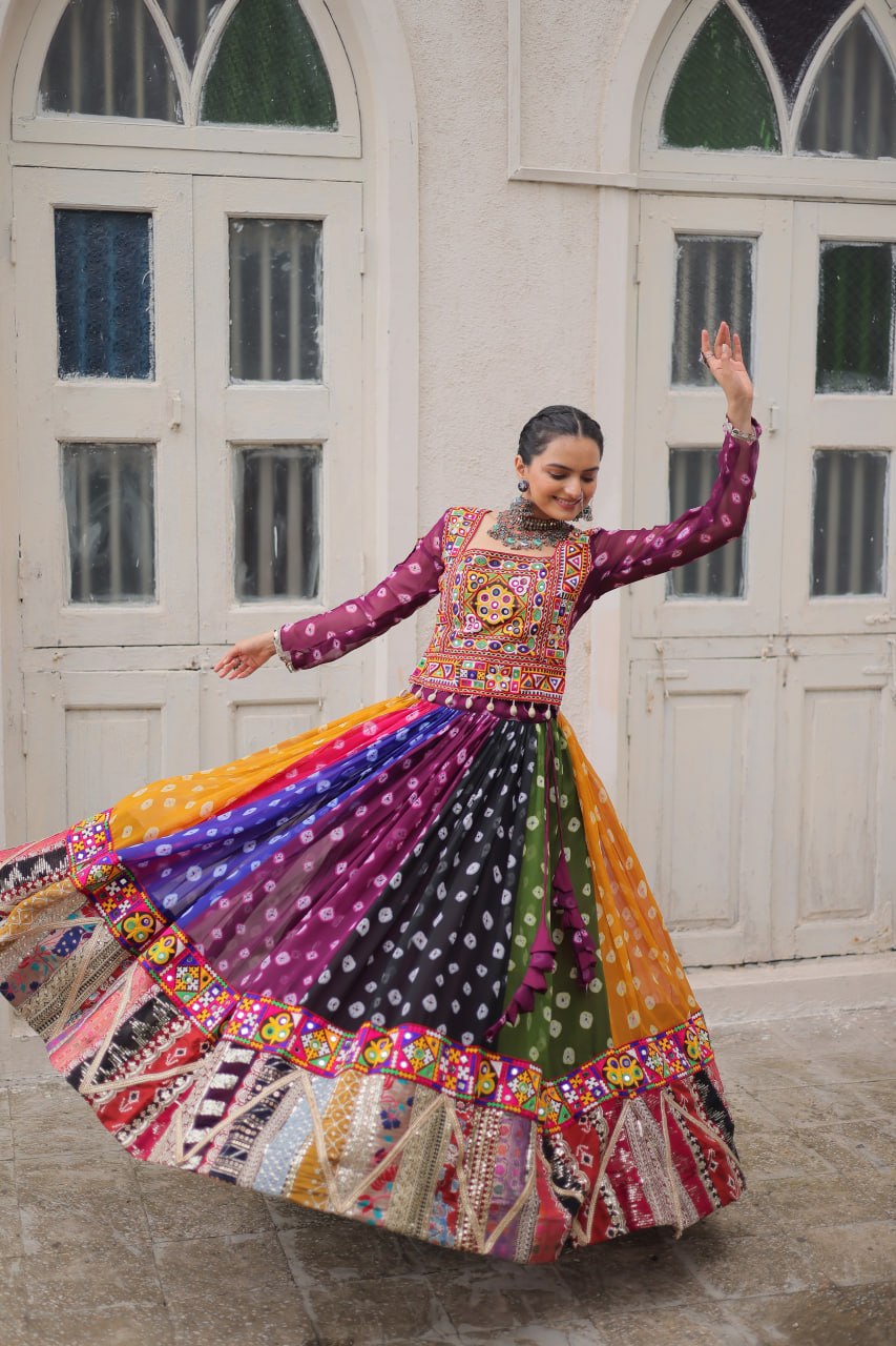 Raas Rangini Designer Georgette Printed Navratri Lehenga Choli with Kutchi Gamthi Embellished Work