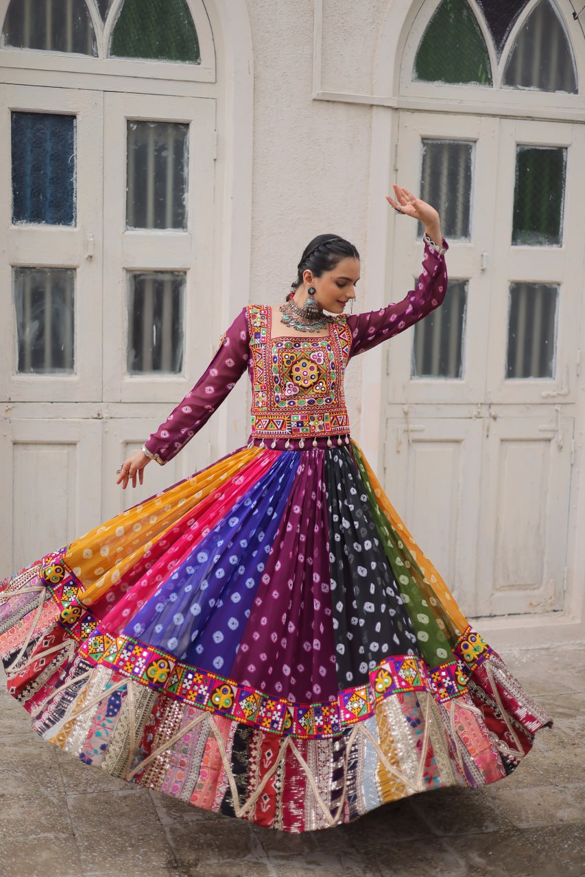 Raas Rangini Designer Georgette Printed Navratri Lehenga Choli with Kutchi Gamthi Embellished Work
