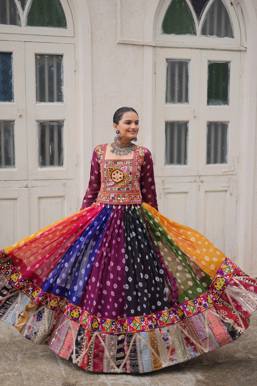 Raas Rangini Designer Georgette Printed Navratri Lehenga Choli with Kutchi Gamthi Embellished Work