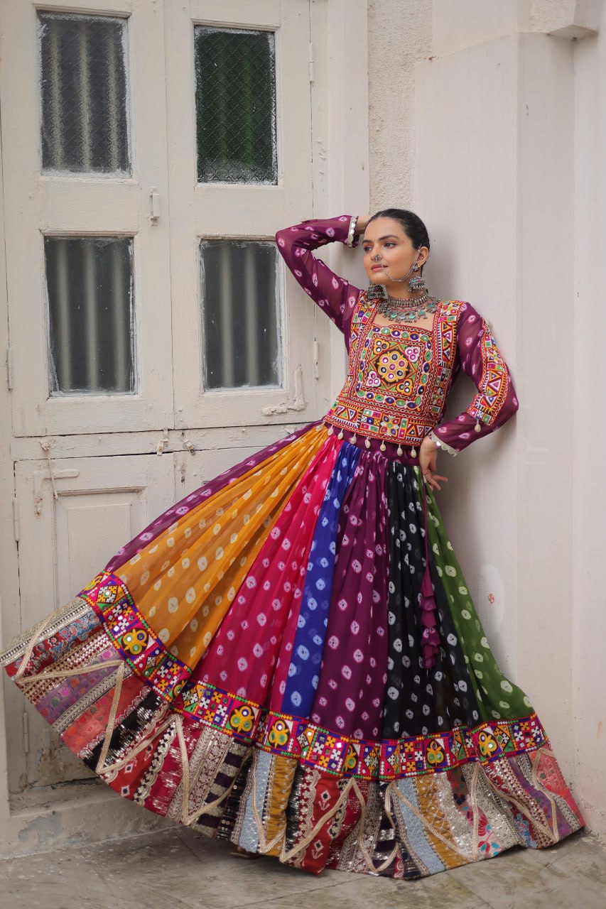 Raas Rangini Designer Georgette Printed Navratri Lehenga Choli with Kutchi Gamthi Embellished Work
