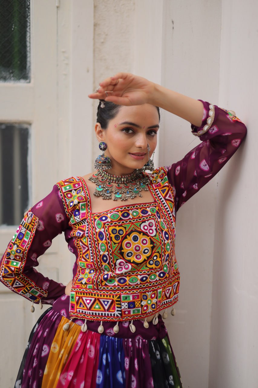 Raas Rangini Designer Georgette Printed Navratri Lehenga Choli with Kutchi Gamthi Embellished Work
