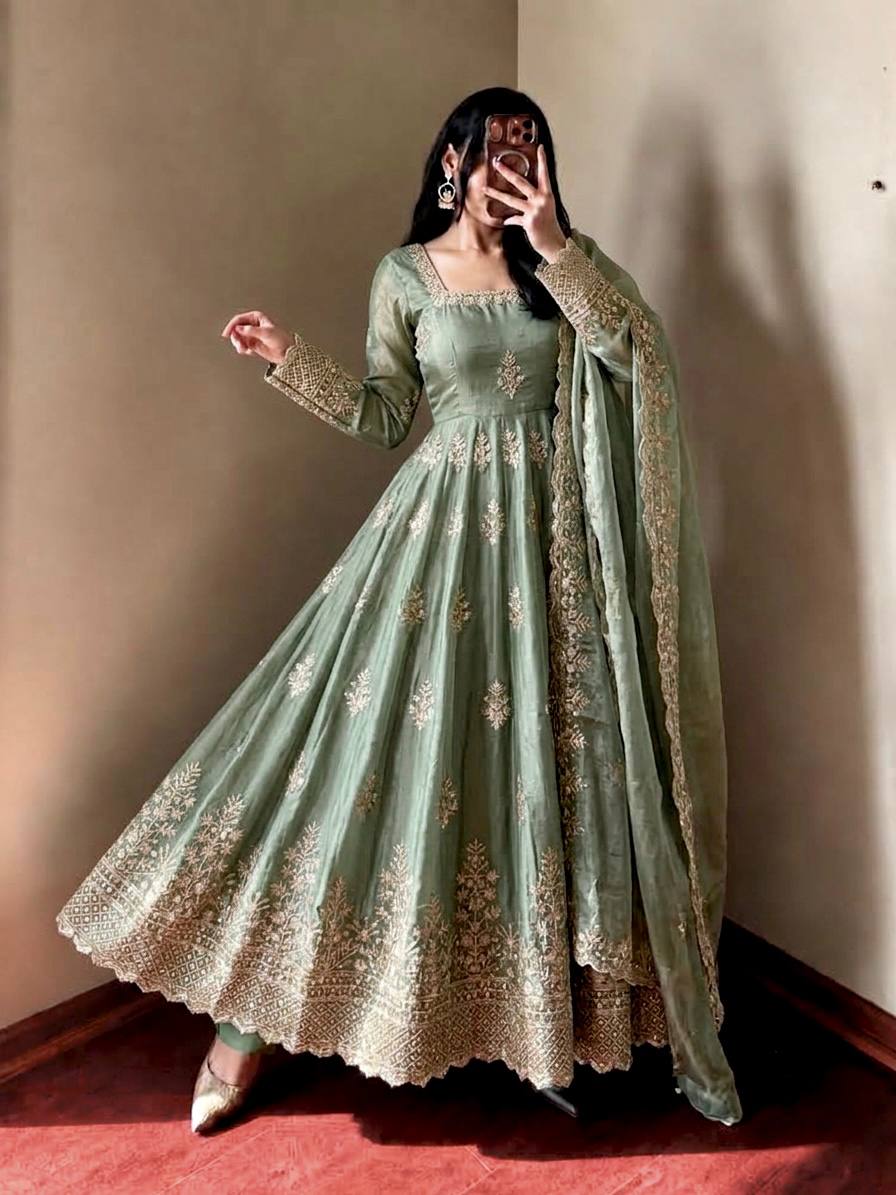 Mahira Exclusive Designer Fendy Silk Gown with Heavy Sequin Embroidery Work Dupatta & Pant