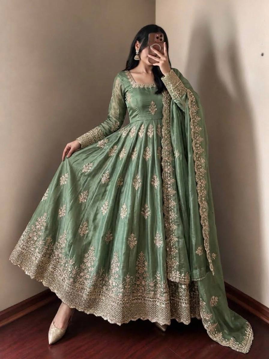 Mahira Exclusive Designer Fendy Silk Gown with Heavy Sequin Embroidery Work Dupatta & Pant
