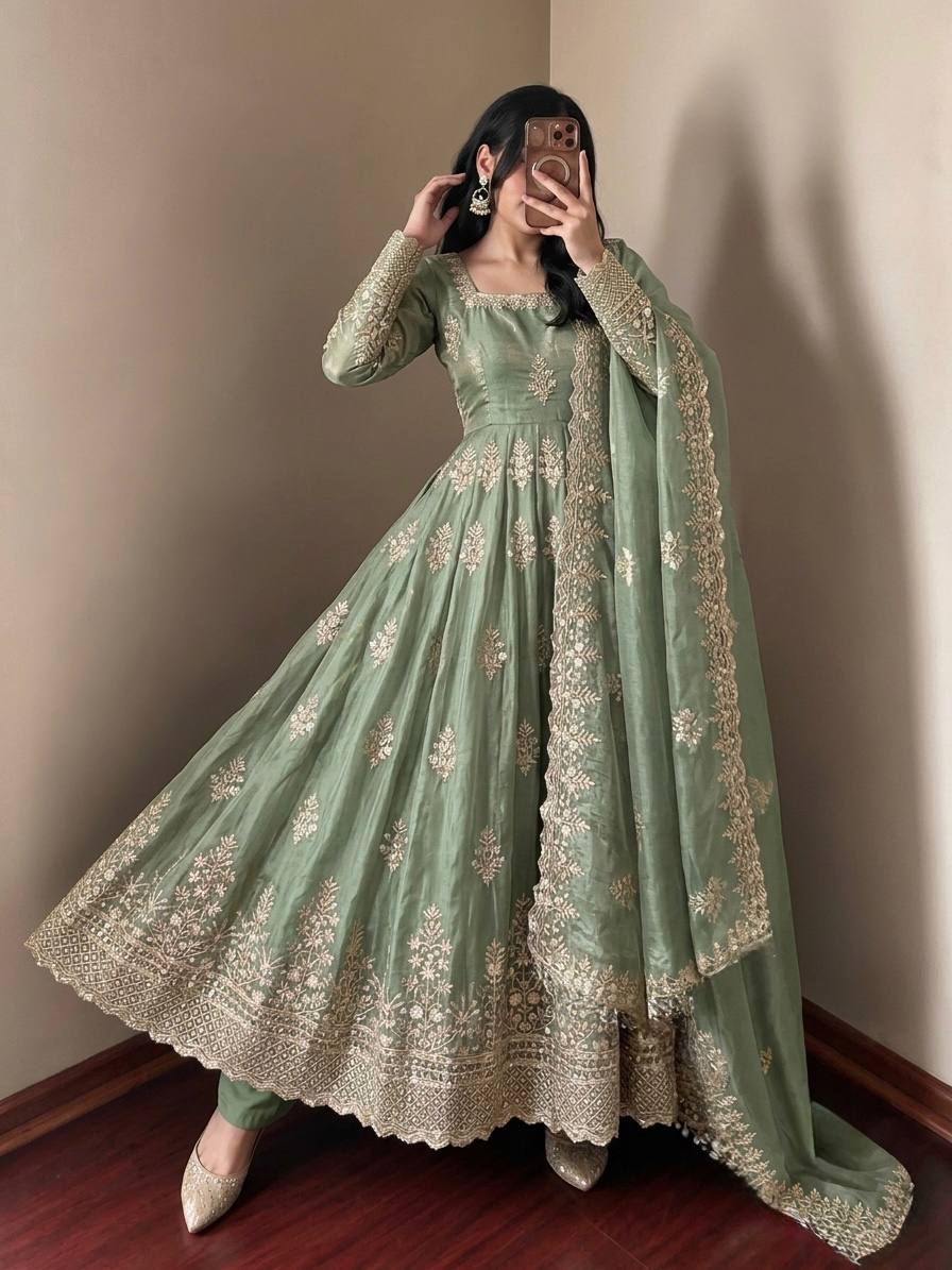 Mahira Exclusive Designer Fendy Silk Gown with Heavy Sequin Embroidery Work Dupatta & Pant