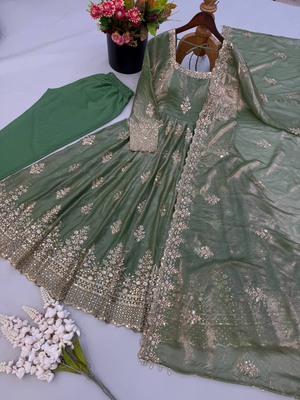 Mahira Exclusive Designer Fendy Silk Gown with Heavy Sequin Embroidery Work Dupatta & Pant